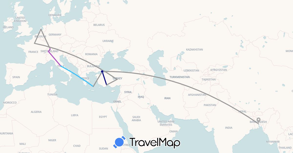 TravelMap itinerary: driving, plane, train, boat in Bangladesh, Switzerland, France, Greece, Italy, Netherlands, Turkey (Asia, Europe)